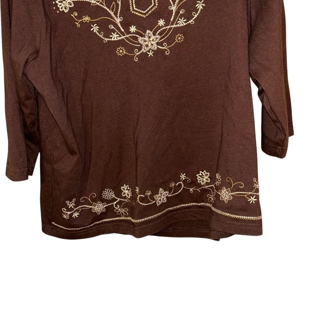 Shenanigans Brown‎ Embroidered Floral 3/4 Sleeve Knit Top Womens Large Boho - Picture 4 of 9
